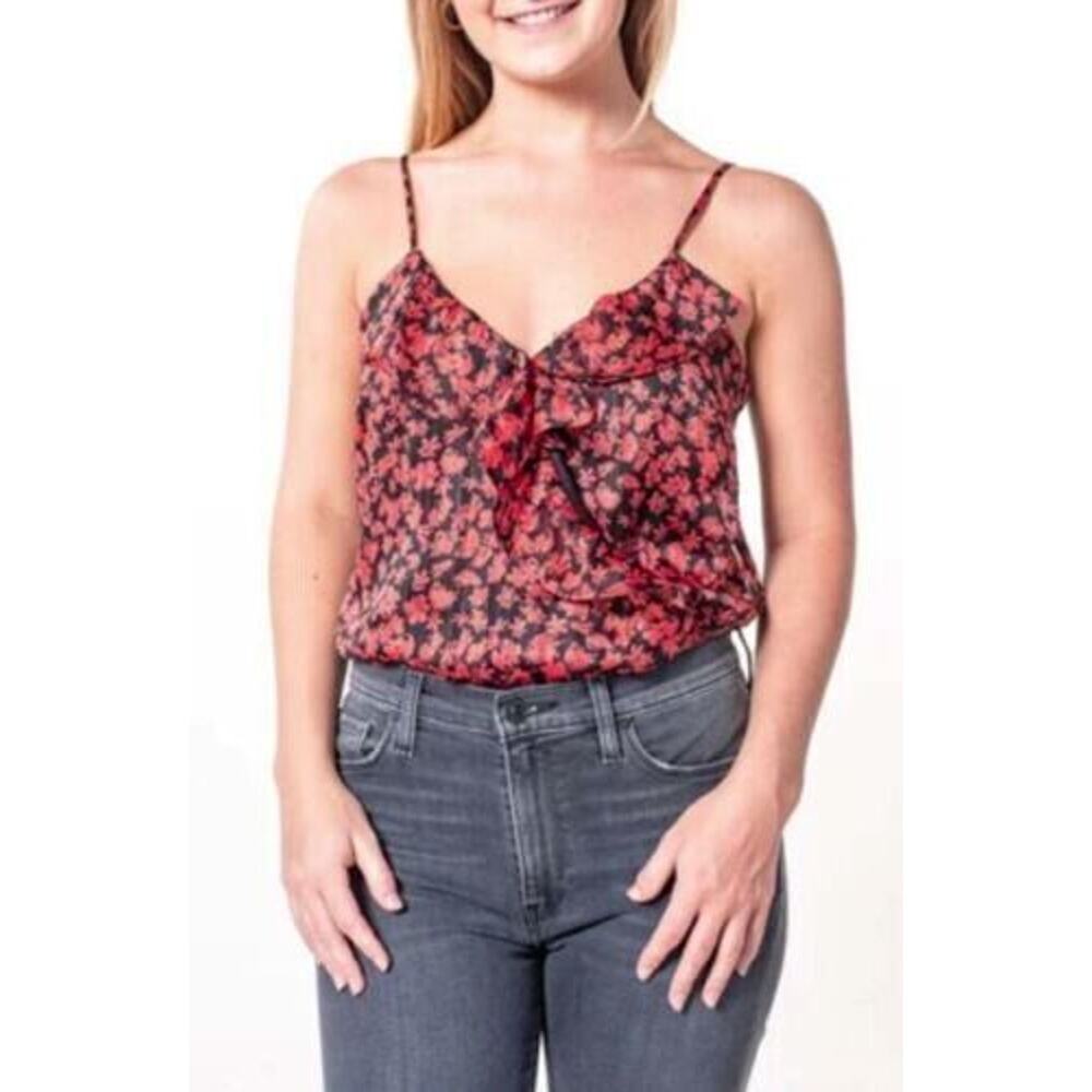 Lush Womens Alexandra Ruffle Cami Bodysuit Black & Red Floral Print Med MSRP $49